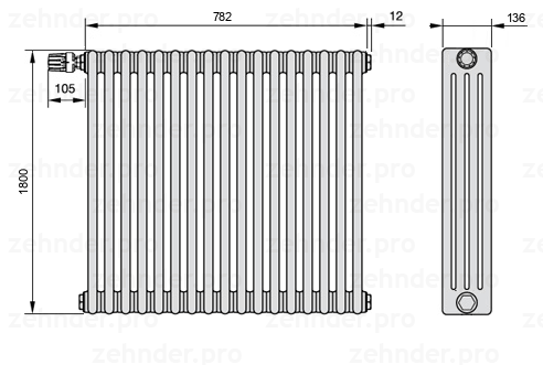 Схема (чертеж) Радиатор Zehnder Charleston 4180/17 №V012 Белый глянцевый RAL 9016